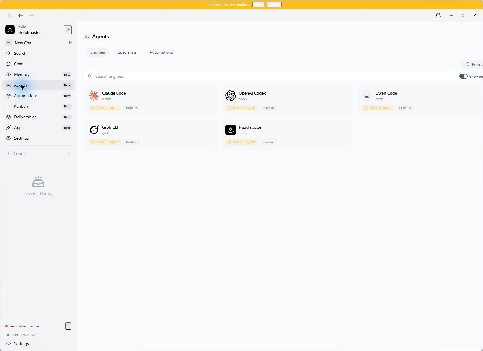 Headmaster engine selection showing Claude Code, OpenAI Codex, Qwen Code, Grok CLI and Headmaster